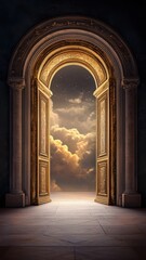 Fototapeta premium An ornate doorway opens to a breathtaking sky, inviting viewers to explore the ethereal realm beyond.