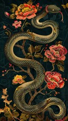 Fototapeta premium A detailed illustration featuring a snake entwined among vibrant flowers against a dark background, showcasing a blend of nature and artistry.