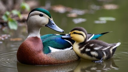A mallard drake swims gracefully on a tranquil lake, surrounded by lush green foliage and reflected in the calm water