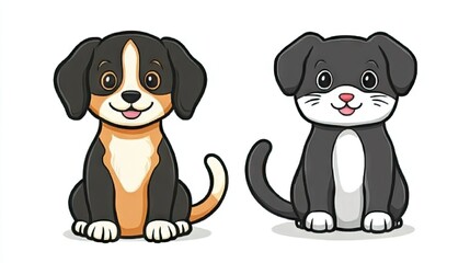 Fototapeta premium Cute Puppy and Cat Side by Side Illustration