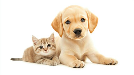 Cute Retriever Puppy and Cat Sitting Together