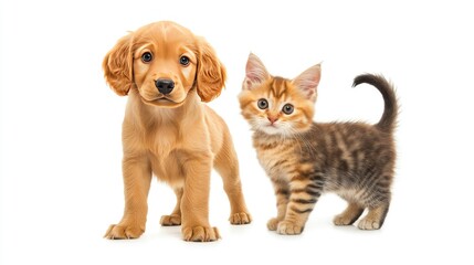 Cute Puppy and Kitten Together on White Background