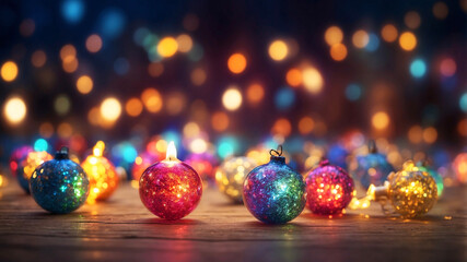 Obraz premium Multiple colorful glowing ornaments are displayed against a soft-focus background of blurred lights.