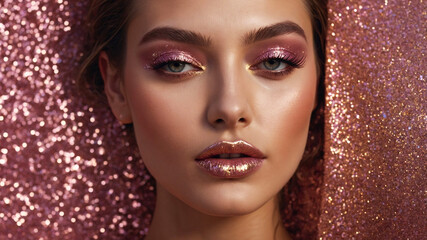 A woman with pink glittered face and sparkly features, showcasing elegance and beauty in a vivid portrait style.