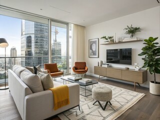 Modern Living Room Interior Design 3D Render - Stylish Furniture, Contemporary Decor, Open Space, Bright Colors, Minimalist Style, Cozy Ambiance, Natural Light, Elegant Accessories, Urban Aesthetic