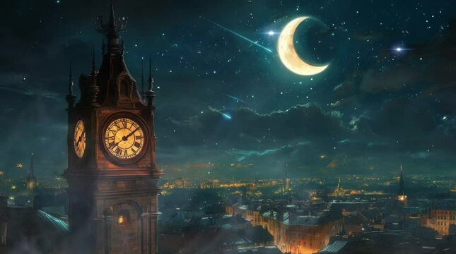 clock tower in a city with night view. Virtual 4K video animation background with looping time lapse with very smooth graphics.