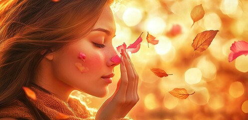Fototapeta premium Beautiful Woman with Autumn Leaves and Petals