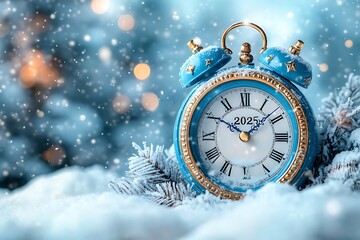 Charming Contrast: A Blue and Gold Alarm Clock in Snow

