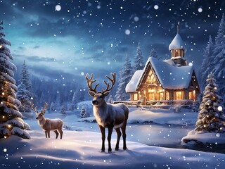 Reindeer in a snowy landscape near a cozy cabin on a winter night with falling snowflakes