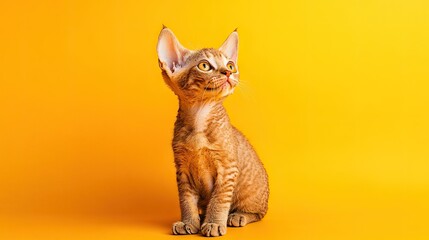 Adorable Golden Eyed Devon Rex Kitten on Bright Background