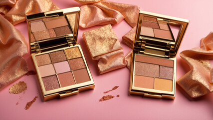 Two luxurious eye shadow palettes with rich blush and gold hues, offering versatile glamorous makeup options.