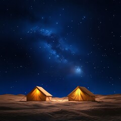 Travel exploration accommodation. Two illuminated tents under a starry night sky, surrounded by a vast desert landscape, creating a serene camping atmosphere.