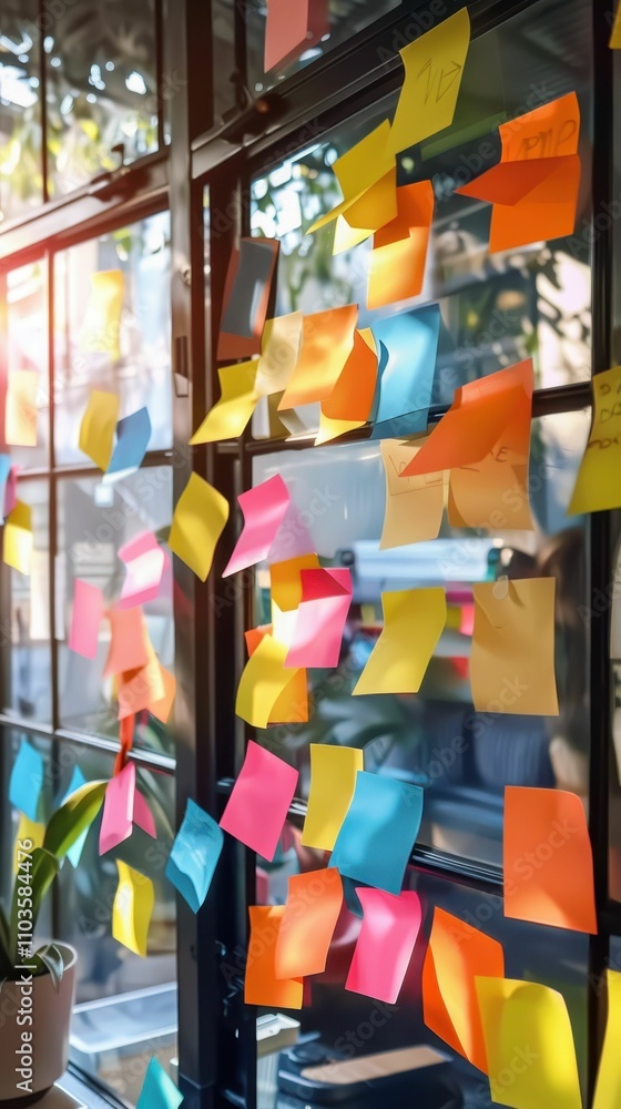 Poster a vibrant window filled with colorful sticky notes, showcasing creativity and organization in a work
