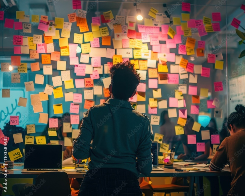 Aufkleber a person stands before a wall covered in colorful sticky notes, deep in thought, while others work a