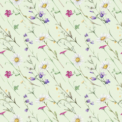 Fototapeta premium Watercolor floral seamless pattern with summer meadow flowers in botanical rustic style. Hand drawn print with bluebell, buttercup, clover, chamomile, geranium. Repeat wallpaper with leaves and plants