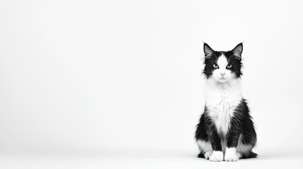 Fototapeta premium Black and White Cat Sitting Upright on Clean Background