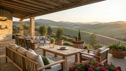 Modern Rustic Farmhouse Outdoor Terrace with Cozy Seating, Natural Elements, and Scenic Views - Perfect for Relaxation and Entertaining in a Serene Setting