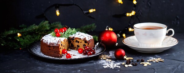Naklejka premium Holiday Christmas dessert display with fruitcake, decorative elements, and a cup of tea on a dark table