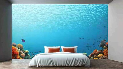Travel exploration accommodation. A serene bedroom featuring an underwater mural with vibrant coral and fish, creating a tranquil and immersive aquatic atmosphere.