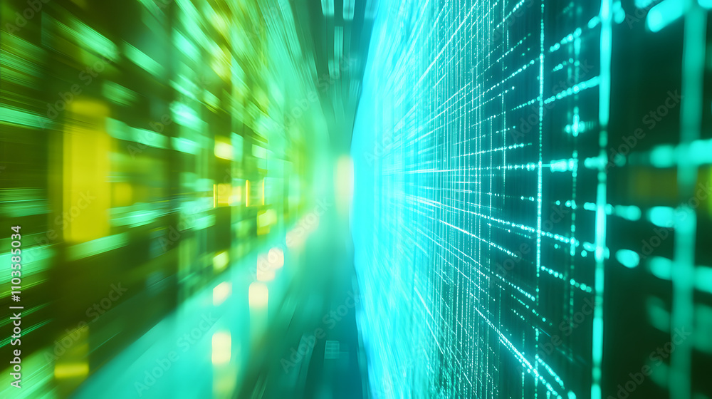 Poster abstract digital tunnel with vibrant green and cyan glowing grid lines. represents data flow, techno