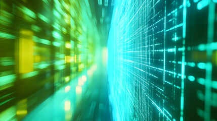 Abstract digital tunnel with vibrant green and cyan glowing grid lines.  Represents data flow, technology, or futuristic concepts.  Motion blur effect adds dynamism.