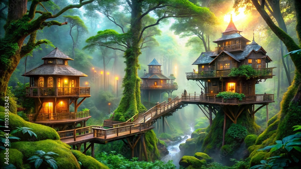 Poster enigmatic architectural structures nestled in a mysterious forest, blending nature and design for a 