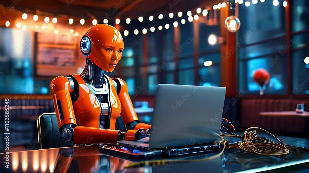Poster a futuristic robot working on a laptop in a modern caf? setting.