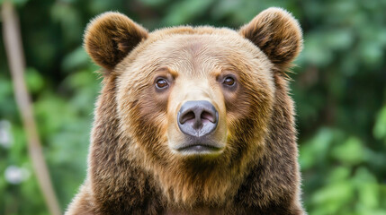Obraz premium Majestic brown bear portrait in the wild, powerful predator with furry fur in forest habitat, closeup of grizzly ursus arctos in nature, showcasing dangerous beauty of carnivorous mammal in wilderness