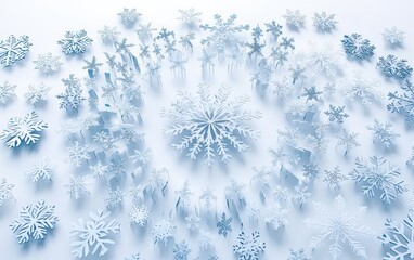 A pattern of snowflakes arranged in a radial burst, with alternating sizes and materials, on white