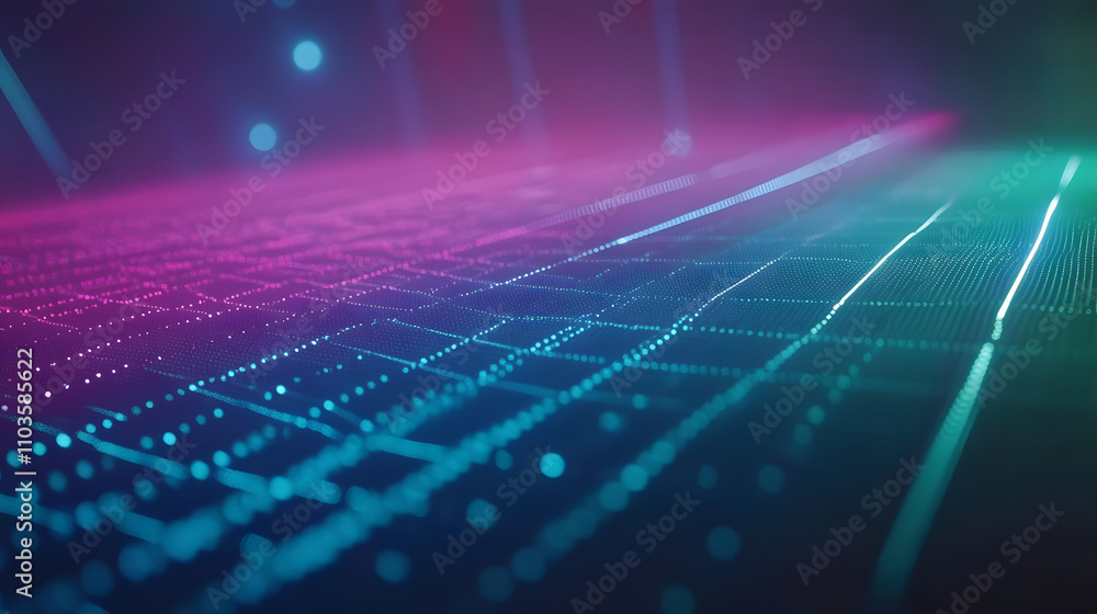 Aufkleber abstract digital landscape with glowing particles and lines in vibrant pink and teal colors. futuris