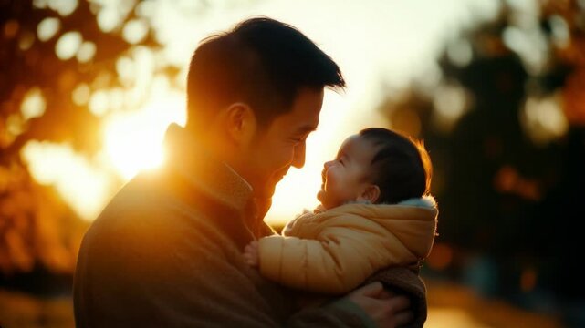 Father and baby sharing a joyful moment at sunset. A heartwarming scene of a father holding his smiling baby, surrounded by the golden glow of a sunset, perfect for Valentine's Day