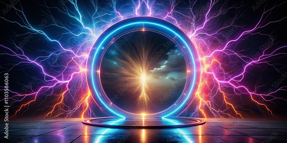Poster enigmatic magical portal surrounded by plasma lightning in a circular frame emitting light effects o