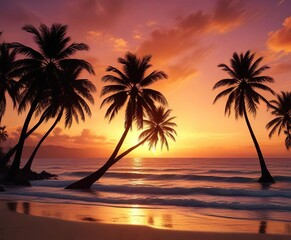 Silhouettes of palm trees against a fiery sunset by the beach, beach, tropical