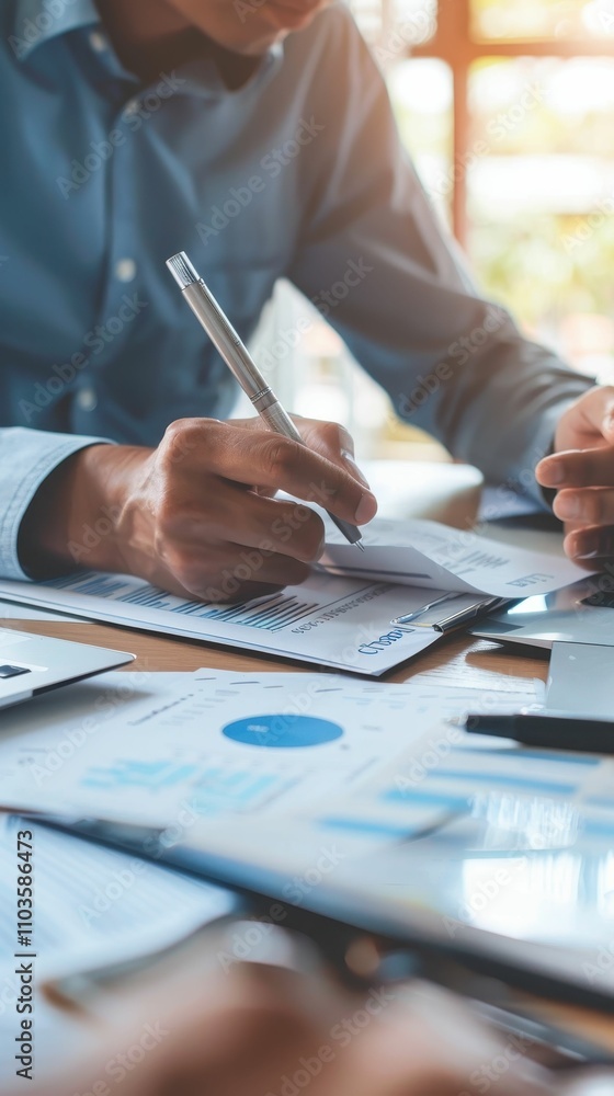 Aufkleber a person is focused on writing notes and analyzing charts in a professional workspace, surrounded by
