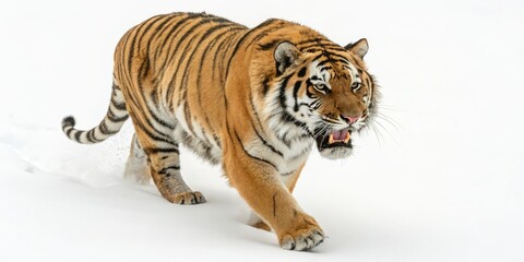 Obraz premium Majestic Angry Tiger Walking Towards Camera - Stunning Drone Photography Isolated on White Background for Wildlife Enthusiasts and Nature Lovers