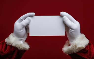 Santa holding a white card. The card is blank and the santa is wearing white gloves