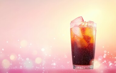 A refreshing glass of cola with fizzy bubbles and ice cubes on a bright, clean background 