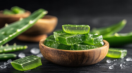 Fresh Aloe Vera Gel Cubes in Wooden Bowl on Dark Background