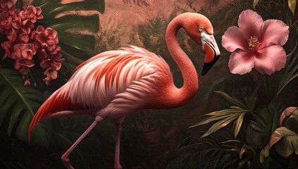 Pink Flamingo in Tropical Foliage