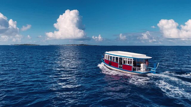 Modern speed boat overtakes slow ferry in the blue sea. Water transport in the Maldives