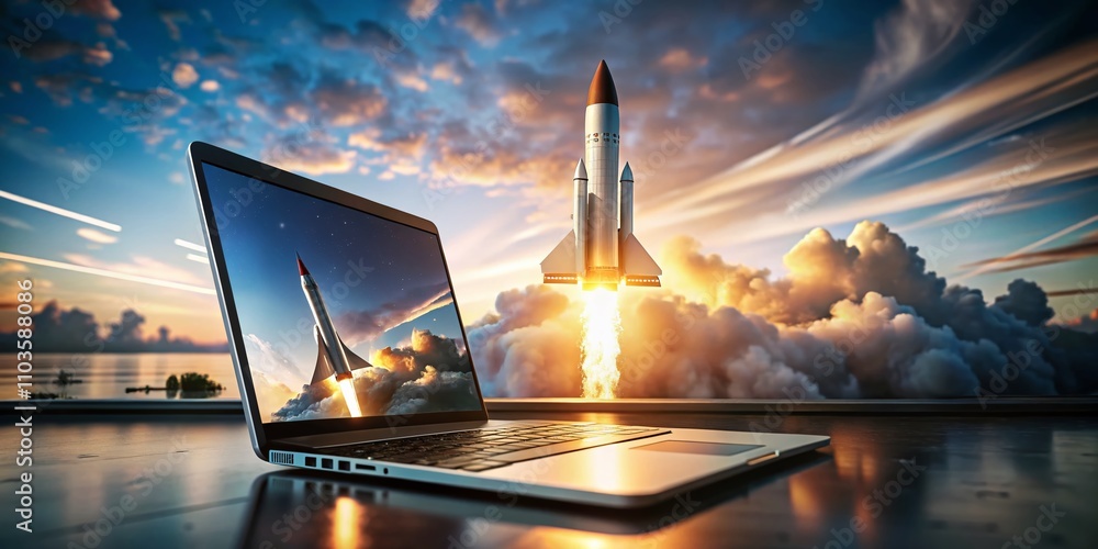 Poster ethereal laptop with rocket launch symbolizing innovation and technology, perfect for tech startups,