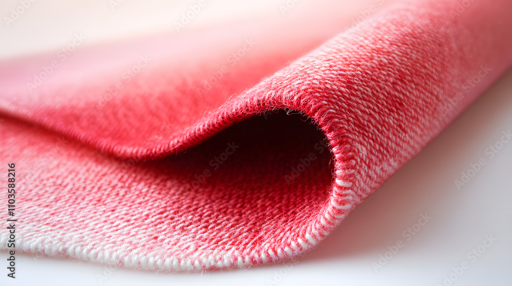 Poster Close-up of a red and white ombre textile. The fabric is soft and textured, showing a gradient of color from light to dark red. The image highlights the material's luxurious feel and intricate weave.