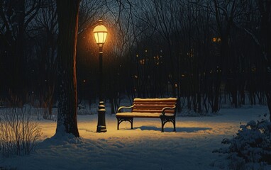 A snowy bench in a park under a streetlamp, softly lit with warm yellow light, creating a serene winter evening scene 