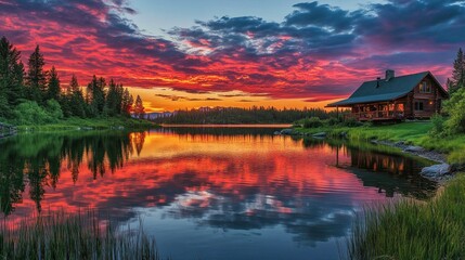 Fototapeta premium Cabin by the Lake at Sunset