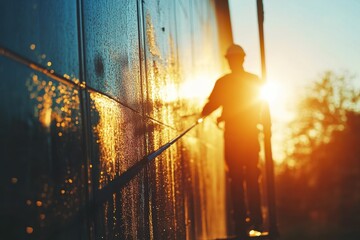 Fototapeta premium Worker Using Sprayer on House Siding in Bright Sunlight