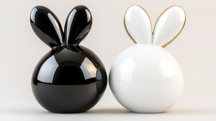 Obraz premium A black and a white ceramic bunny are placed side by side, showcasing a minimalist and modern design against a neutral background.