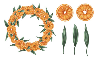 Christmas set to create organic seasonal winter decor, orange and leaves. Sustainable Christmas wreath and garland of natural recyclable material. Minimalistic hollydays design. Isolated illustration