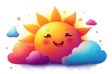 Logo design featuring a joyful sun with a smiling face, surrounded by colorful rays and fluffy clouds. The cute style and bright colors radiate positivity, enhanced by a cartoon illustration 