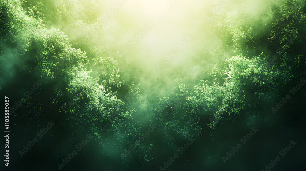 Poster mystical forest scene with sunlight filtering through a dense canopy of green trees and fog. dreamli