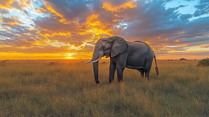 Naklejka premium Here's a caption and keywords for your stock photo.. Majestic elephant silhouetted against a vibrant African sunset.